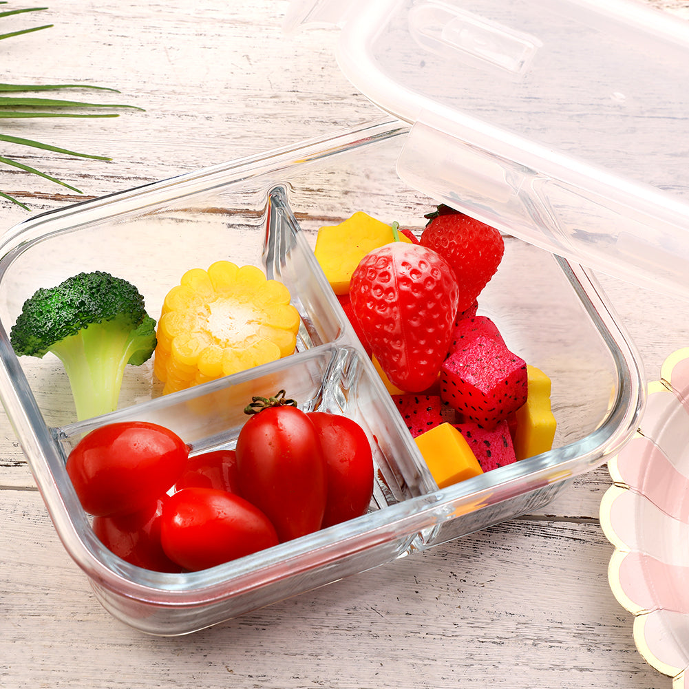 3 Pack 3 Divider Compartment Glass Meal Prep Container With Snap