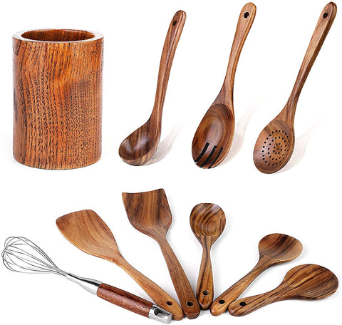 10 Pcs Wooden Spoons for Cooking, Nonstick Kitchen Utensil Set